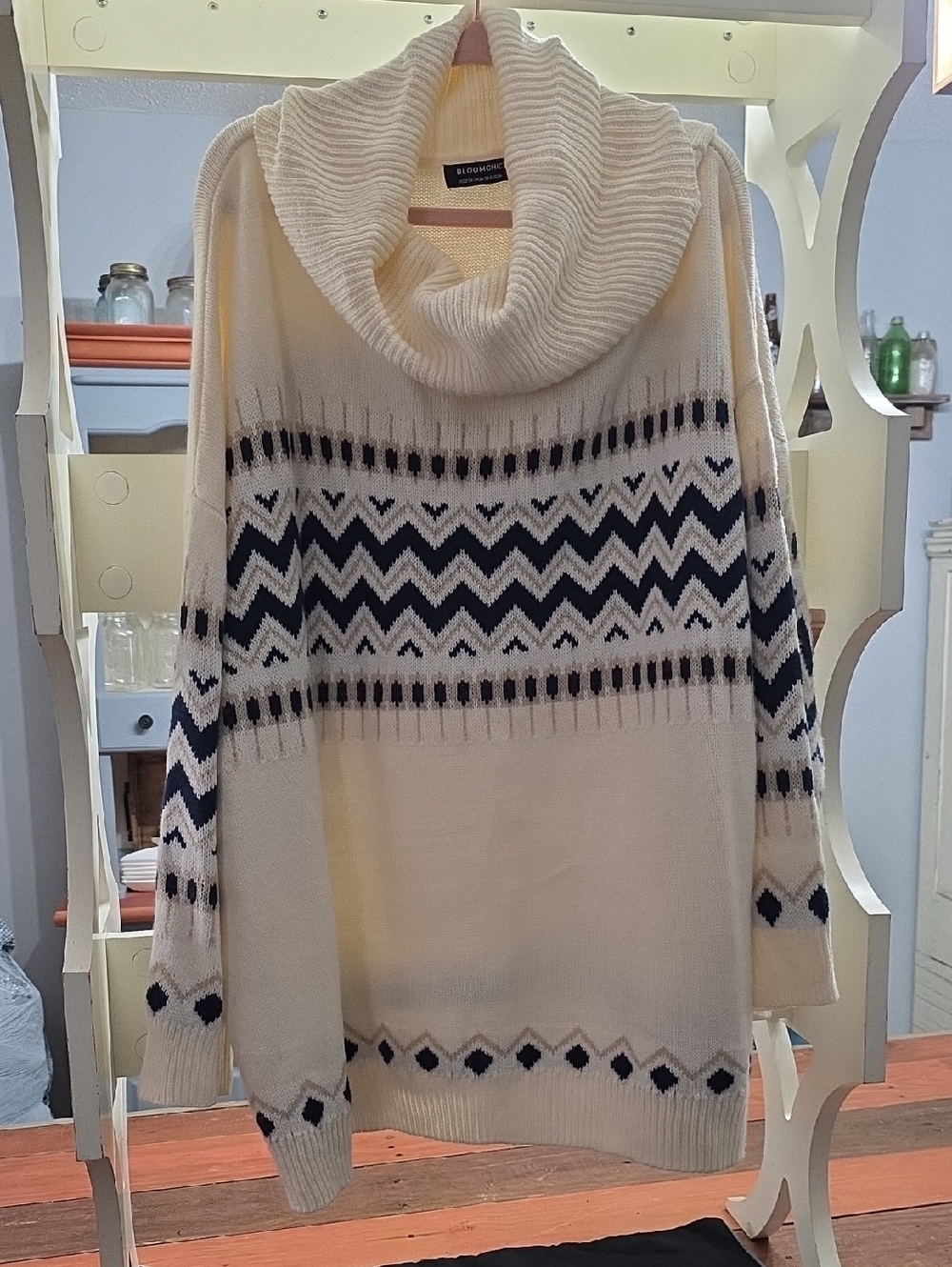 BloomChic Cream and Navy Fair Isle Cowl Neck Sweater